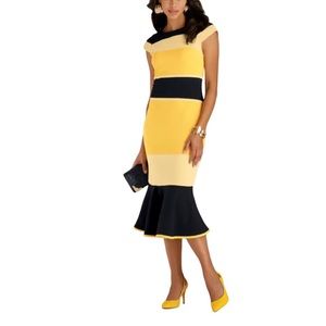 Midnight Velvet Ribbed Office Dinner Party Striped Midi Ruffle Hem Yellow Dress
